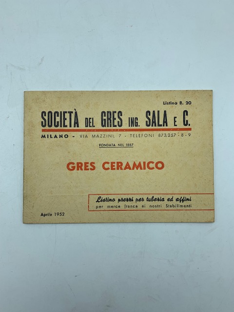 Società del gres Ing. Sala e C. Gres ceramico. Listino prezzi per tuberia ed affini